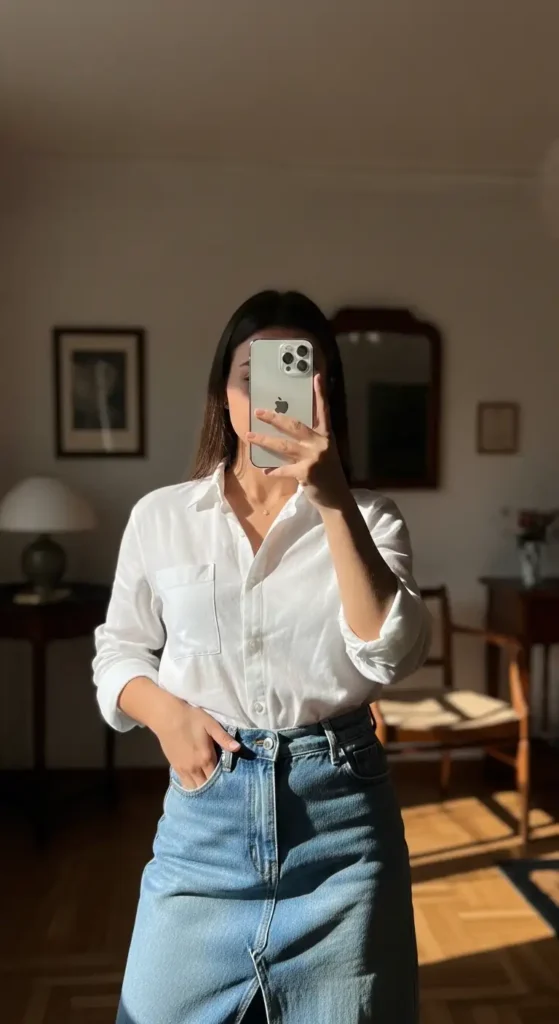 Woman taking a mirror selfie in white shirt and blue denim skirt as part of 10 Preppy Outfit Ideas.