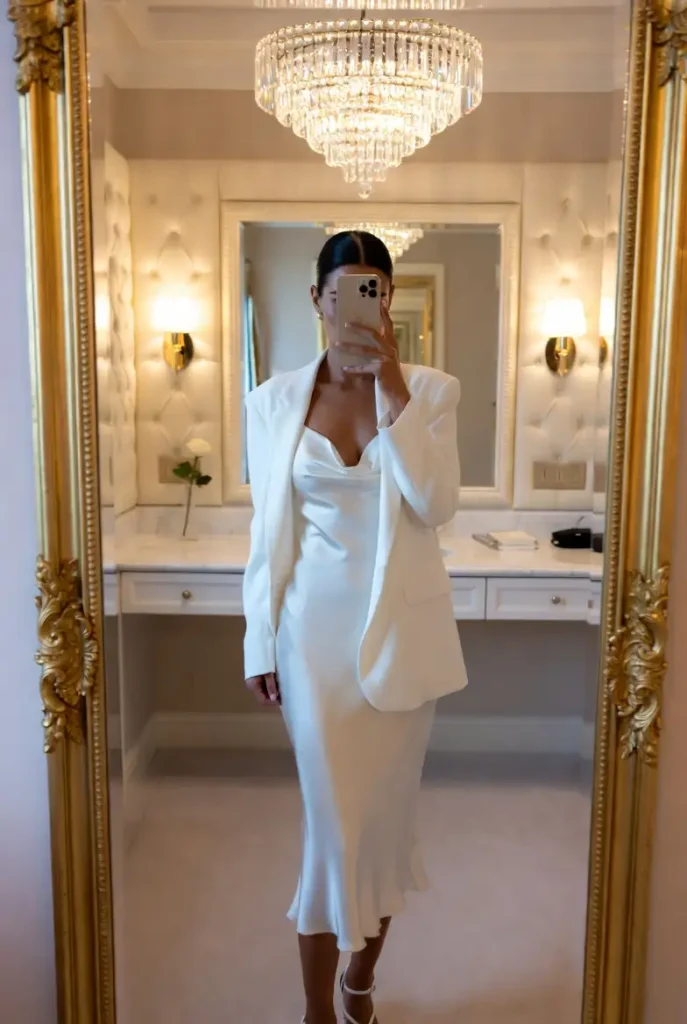 White satin slip dress and blazer in luxury hotel mirror selfie — 10 All White Outfit Ideas for Spring
