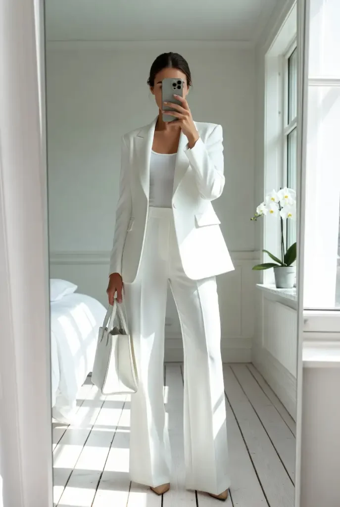 White wide-leg trousers and structured blazer Scandinavian room mirror — 10 All White Outfit Ideas for Spring
