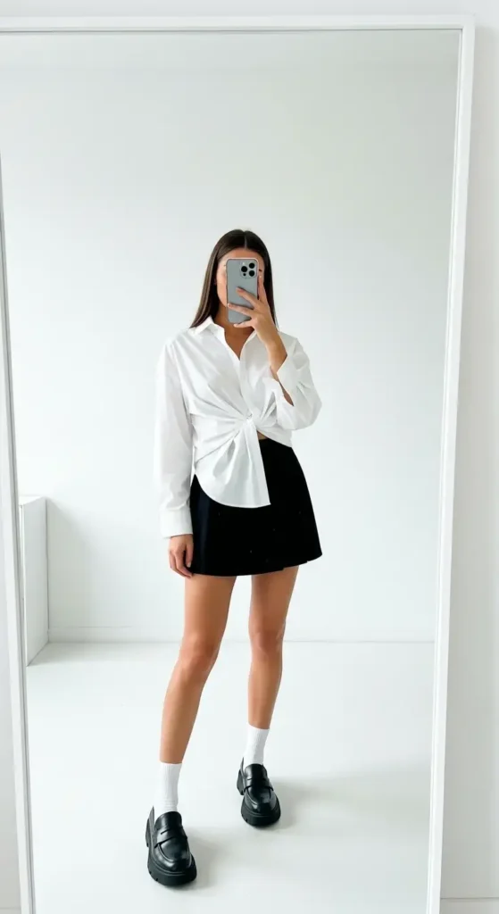 10 Black Mini Skirt Outfit Ideas: knotted white button-down shirt, chunky black loafers, white socks, minimal mirror selfie