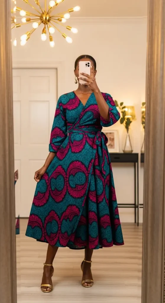 A Black woman in a teal and fuchsia Ankara wrap dress — a vibrant birthday dinner outfit idea for Black women