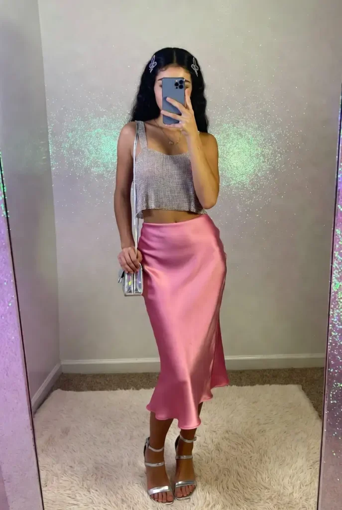 Silver rhinestone crop top with pink satin slip skirt and heels — Y2K princess Roblox aesthetic outfits real life
