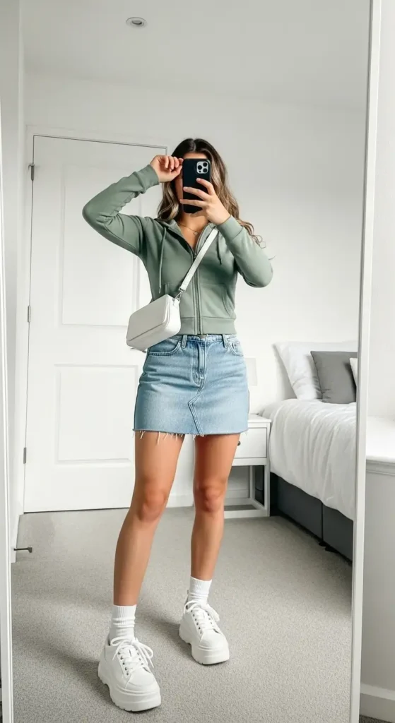 From 10 VSCO outfit ideas, a sage zip-up hoodie with a denim mini skirt, white crossbody bag, and platform sneakers.