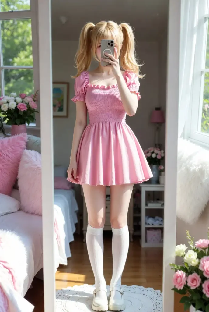 A coquette outfit idea by color — baby pink babydoll dress with white knee-high socks, mirror selfie in a pastel room.