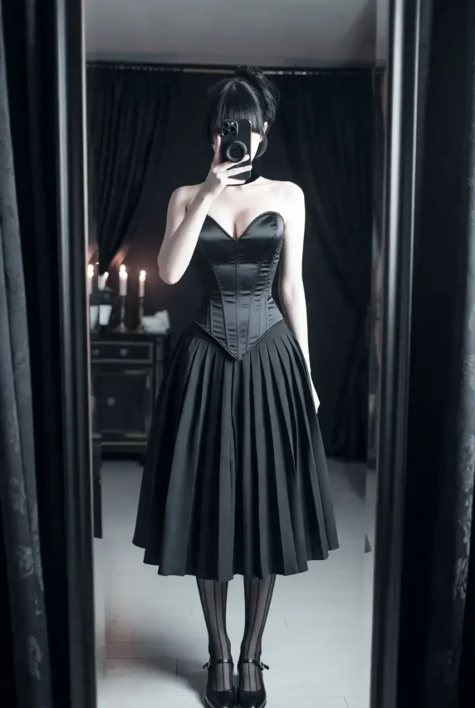 A dark coquette outfit idea by color — black corset top with pleated midi skirt and sheer tights, moody mirror selfie.
