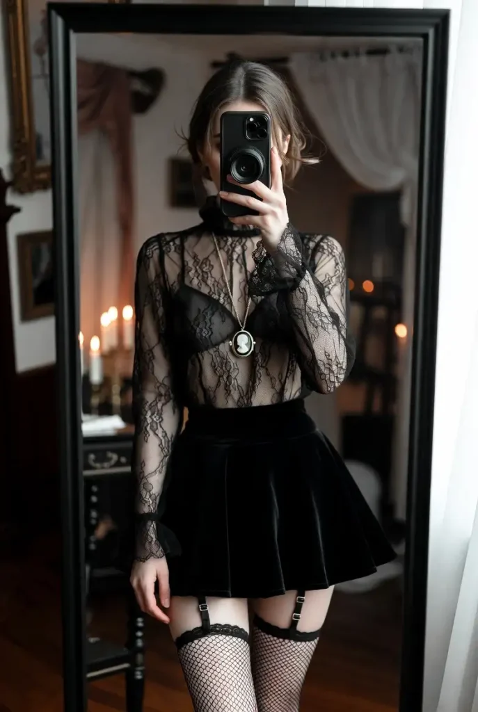 A gothic coquette outfit idea by color — sheer black lace blouse, velvet mini skirt, fishnet stockings, mirror selfie