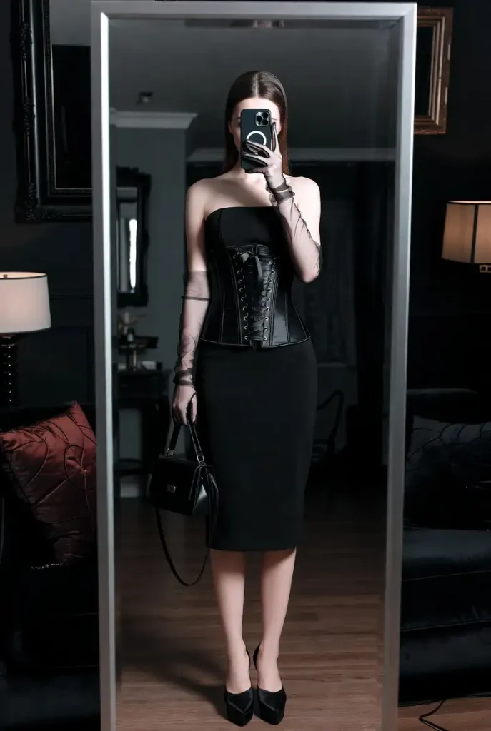 A dark coquette outfit idea by color — black ribbon corset dress with sheer gloves and heels in a dramatic mirror selfie.