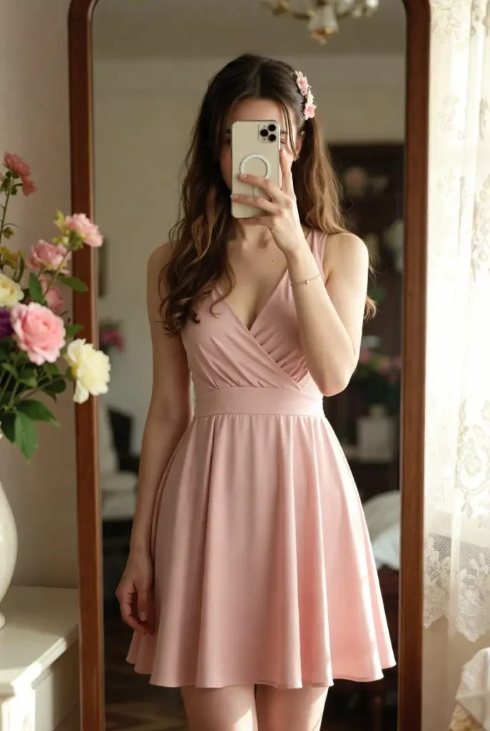 A soft coquette outfit idea by color — blush pink wrap dress with floral hair clip, mirror selfie with fresh flowers nearby.