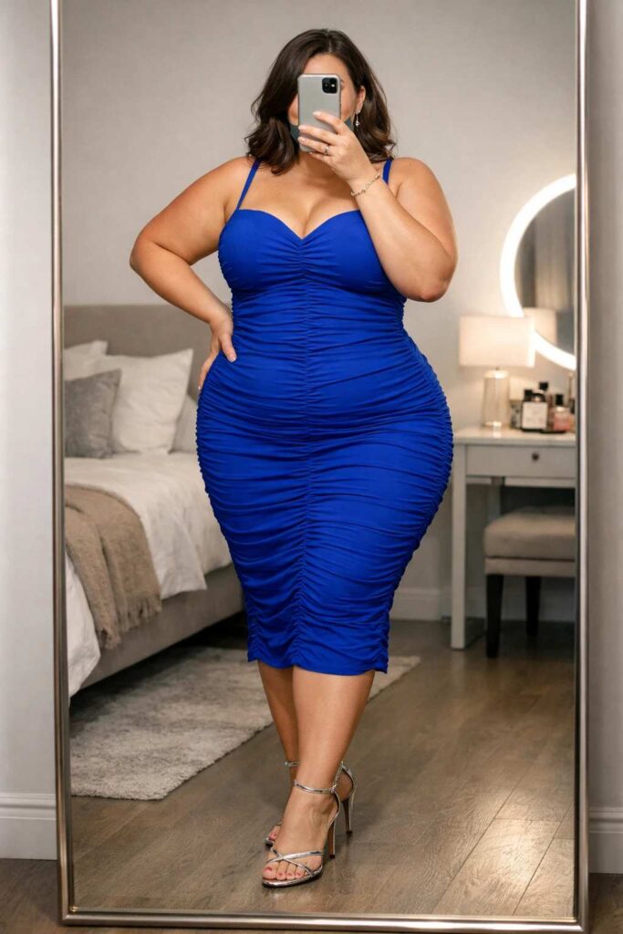 Cobalt blue ruched midi bodycon dress — a bold birthday outfit idea for plus-size women with silver strappy heels
