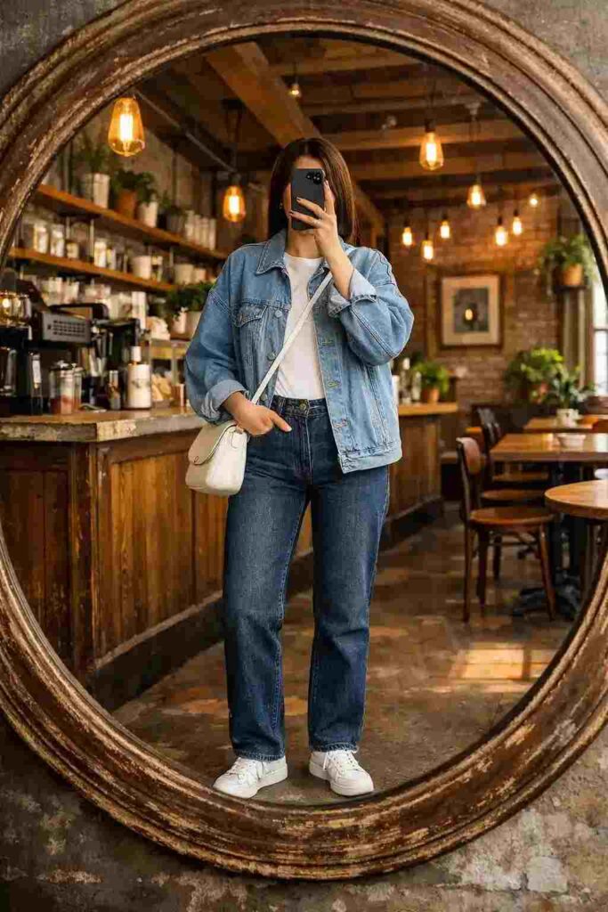 Denim-on-denim mirror selfie in a rustic café with a white crossbody bag — casual white bag outfit ideas