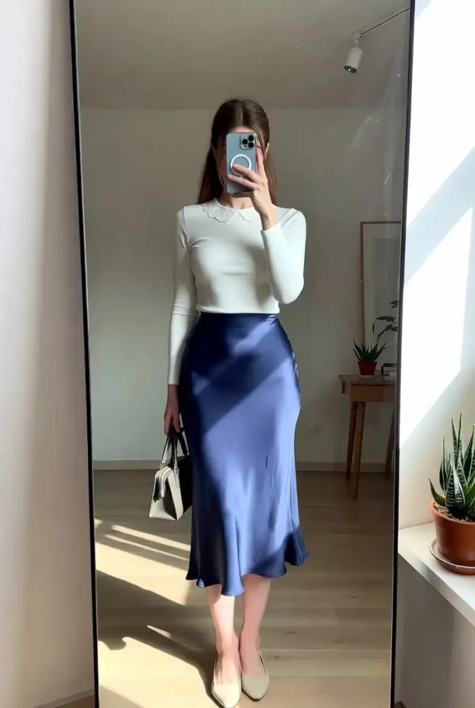 A refined coquette outfit idea by color — dusty blue satin midi skirt with a white blouse, elegant mirror selfie in soft light.