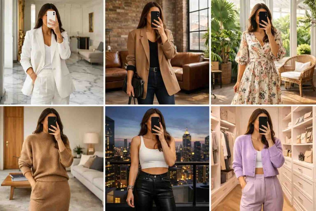 Six-panel collage of mirror selfie white bag outfit ideas featuring blazers, dresses, and co-ord sets
