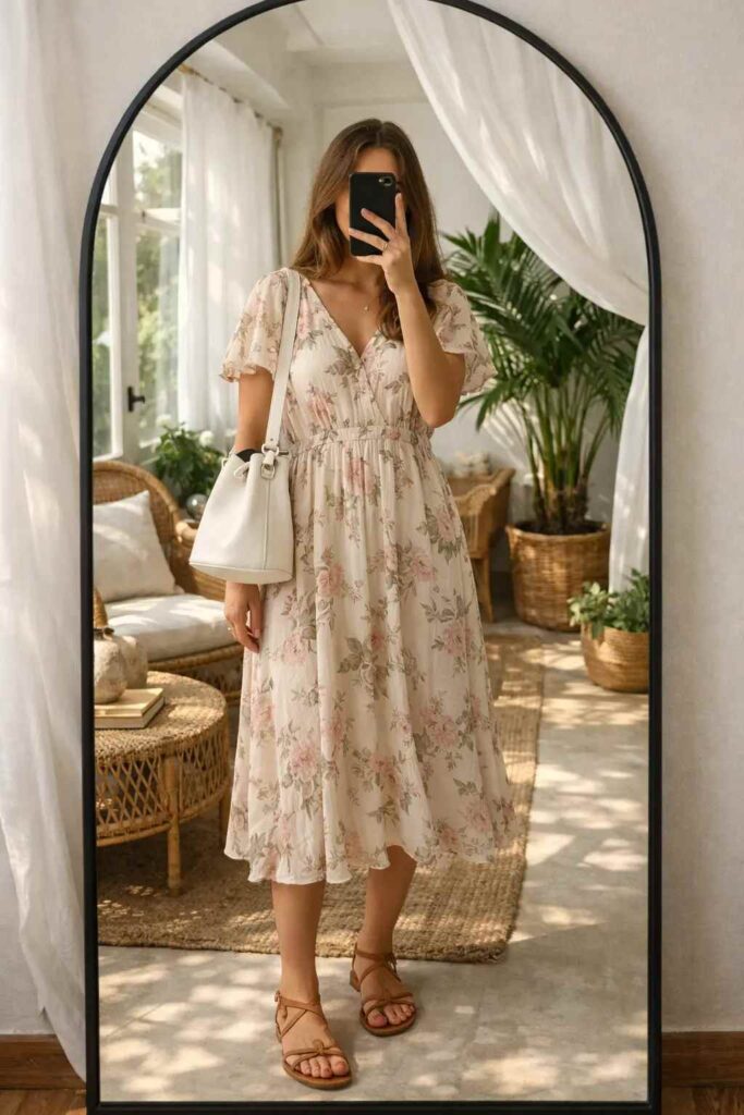 Floral midi dress with a white bucket bag in a sunlit boho room — feminine white bag outfit ideas
