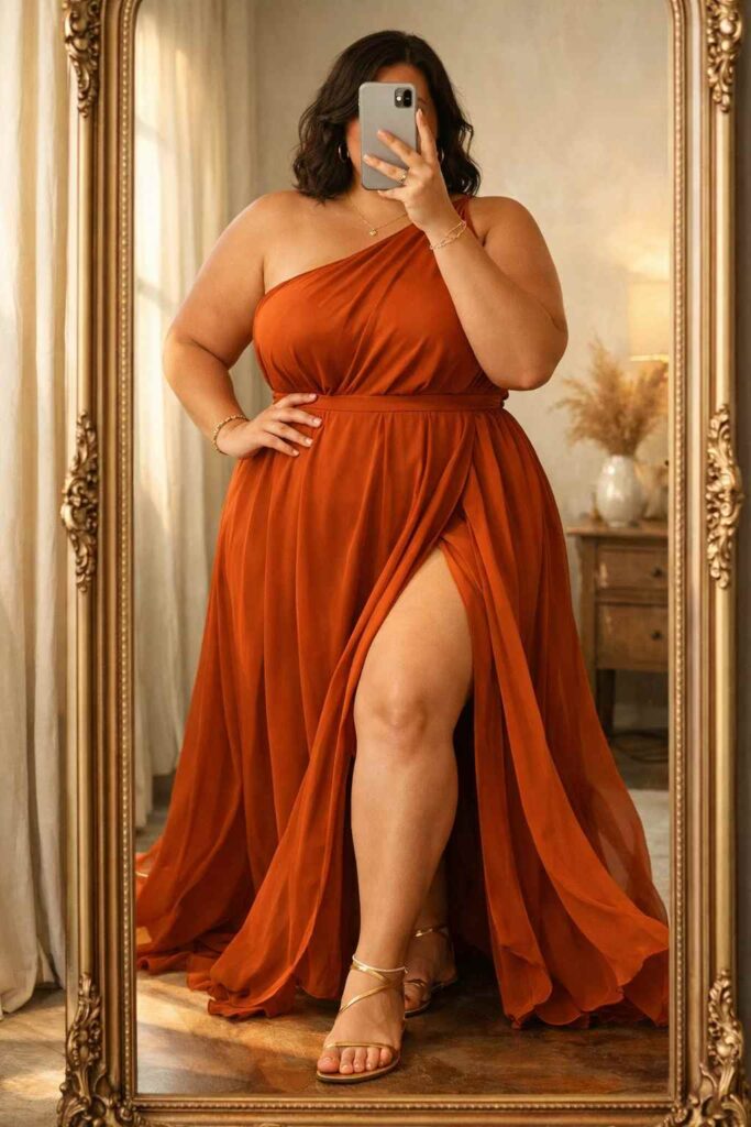 Rust orange one-shoulder maxi dress with slit — a flowing birthday outfit idea for plus-size women with gold sandals.