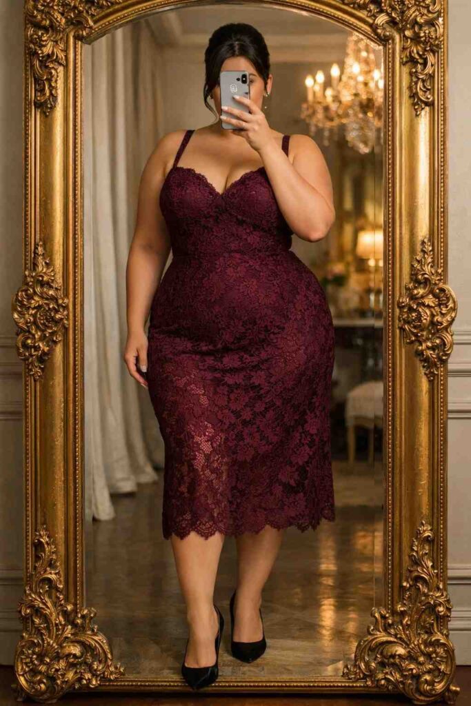 Deep wine lace midi dress — a glamorous birthday outfit idea for plus-size women styled with black heels and a sleek updo.