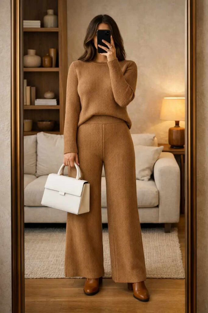 Camel ribbed knit co-ord set with a white structured bag in a cozy living room — tonal white bag outfit ideas