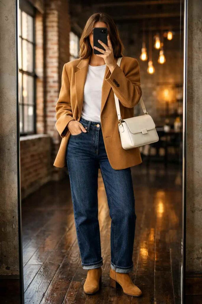 Camel oversized blazer with dark jeans and white crossbody bag — classic white bag outfit ideas in a loft