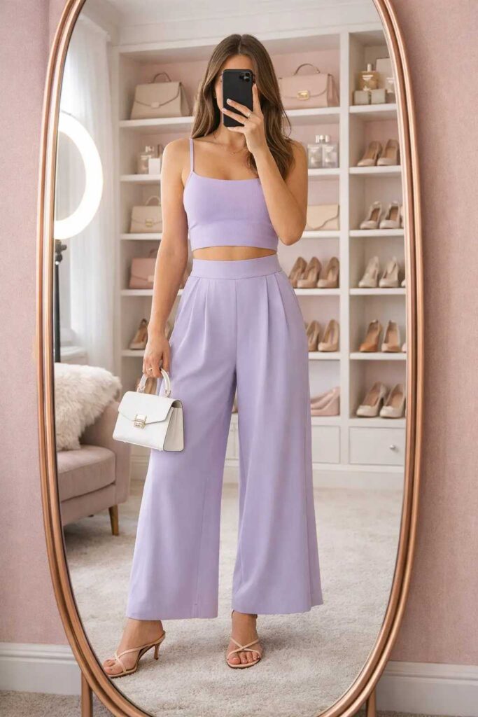 Lilac wide-leg co-ord set with a white mini bag in a blush walk-in closet — pastel white bag outfit ideas