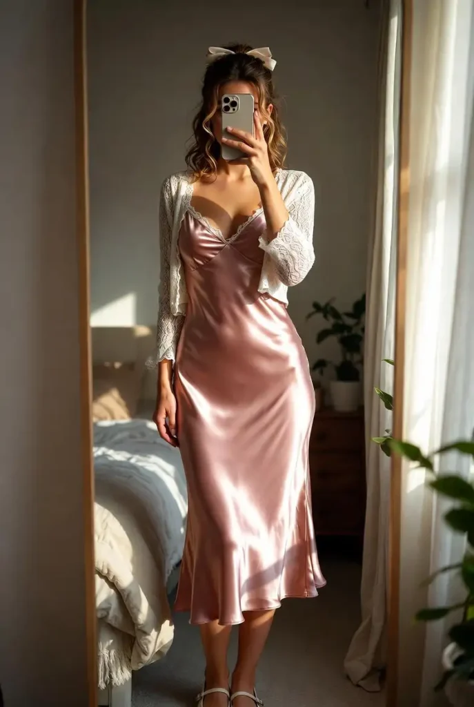A classic coquette outfit idea by color — pink satin slip dress with white lace cardigan and satin bow, warm mirror selfie.