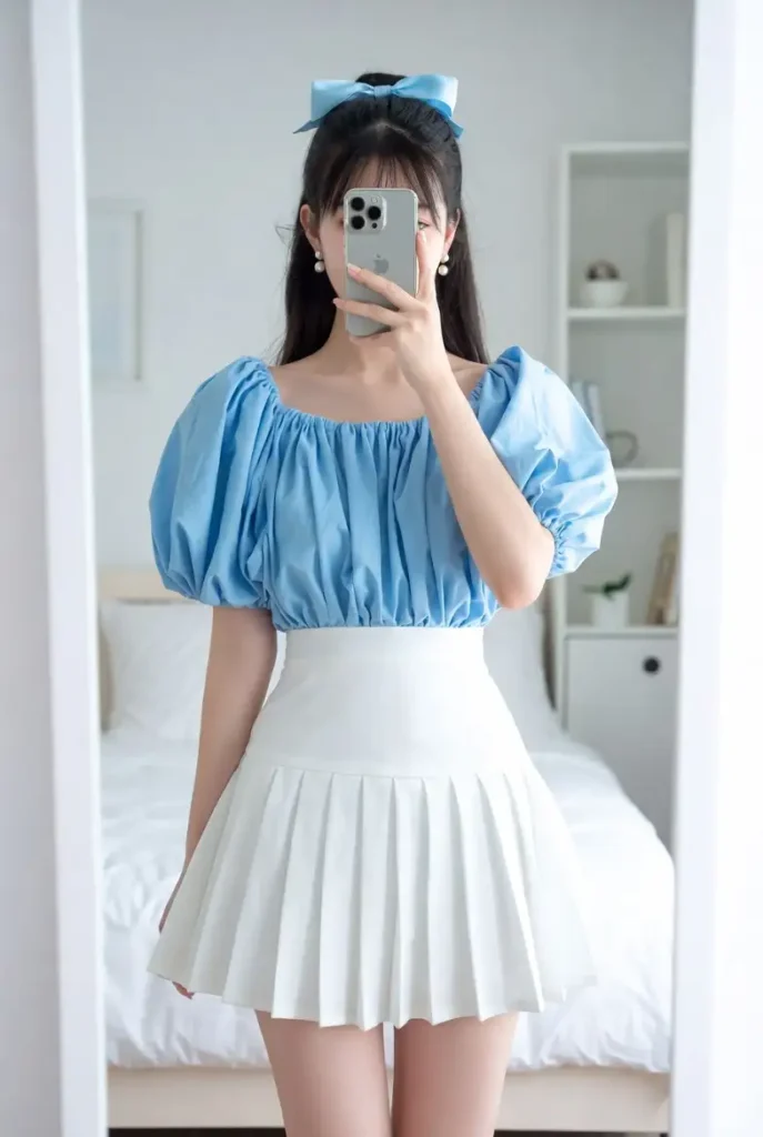 A dreamy coquette outfit idea by color — powder blue puff sleeve blouse with white pleated skirt, clean mirror selfie