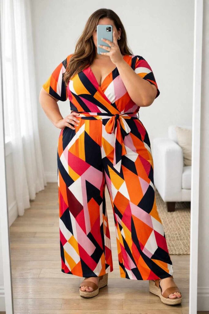 Bold geometric print wide-leg wrap jumpsuit — a vibrant birthday outfit idea for plus-size women with wedge sandals