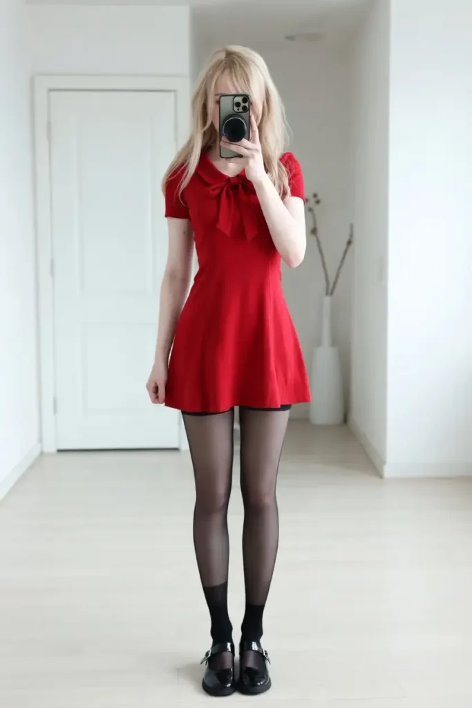 A bold coquette outfit idea by color — cherry red bow mini dress with black tights and Mary Janes, minimalist mirror selfie.