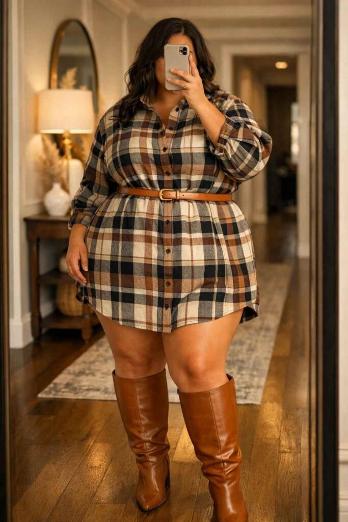 Plaid shirt dress belted at the waist with caramel knee-high boots — a casual birthday outfit idea for plus-size women.