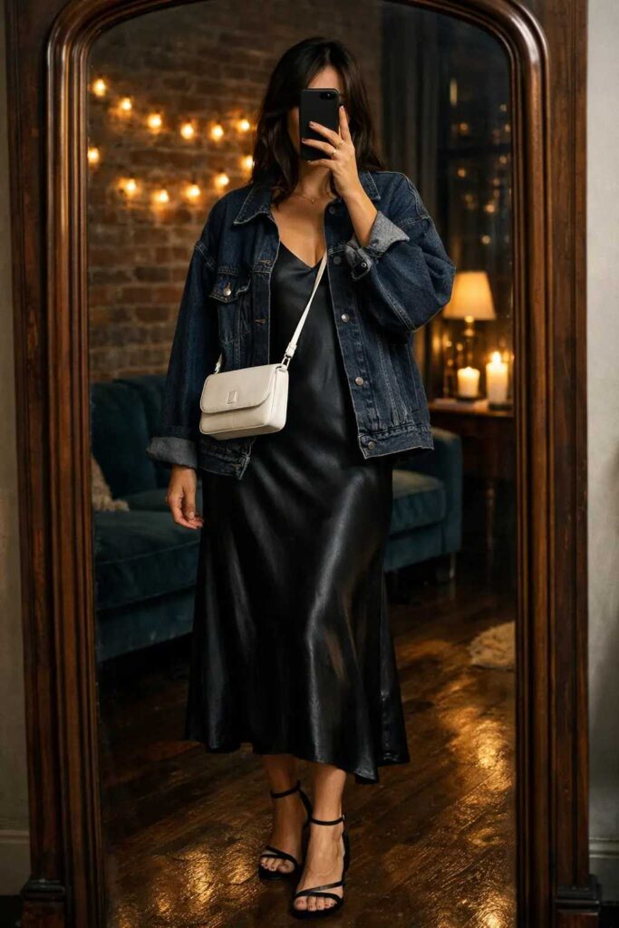 
Black satin slip dress layered with a denim jacket and white crossbody — moody white bag outfit ideas
