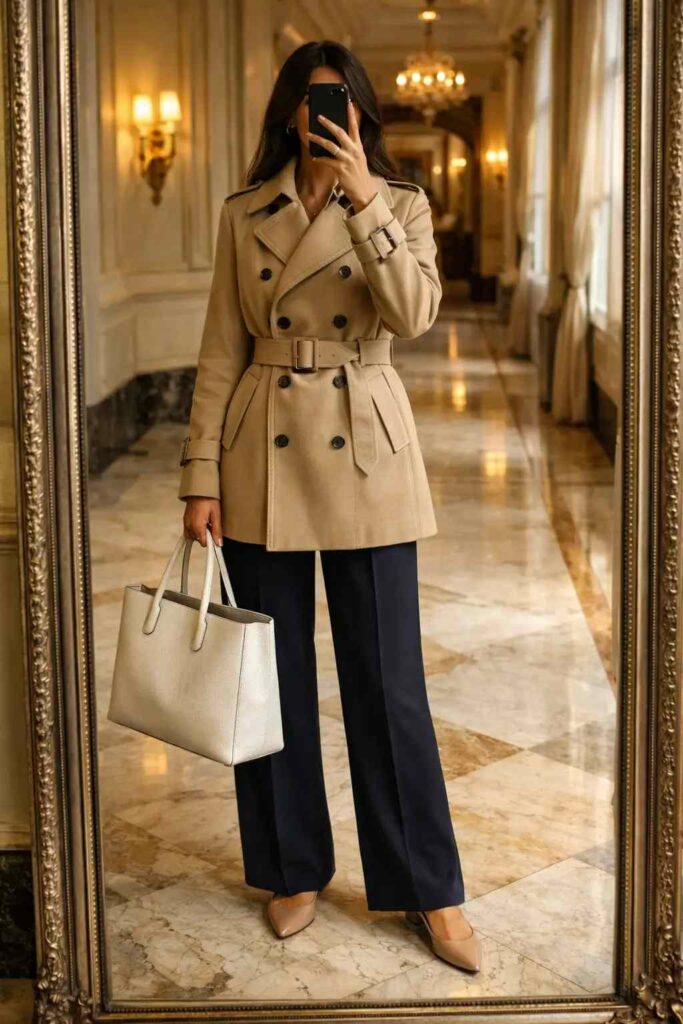 Beige belted trench coat with navy trousers and a white tote bag — polished white bag outfit ideas