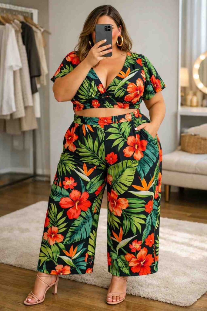 Tropical floral two-piece co-ord set — a bold birthday outfit idea for plus-size women styled with strappy nude heels.