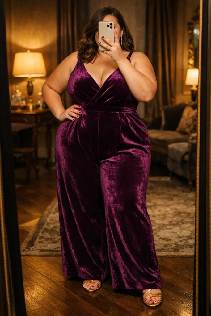 Deep purple velvet wide-leg jumpsuit — a luxurious birthday outfit idea for plus-size women paired with gold strappy sandals.