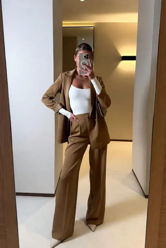  One of the best white bodysuit outfit ideas — styled with a camel blazer and wide-leg trousers for a polished power look.