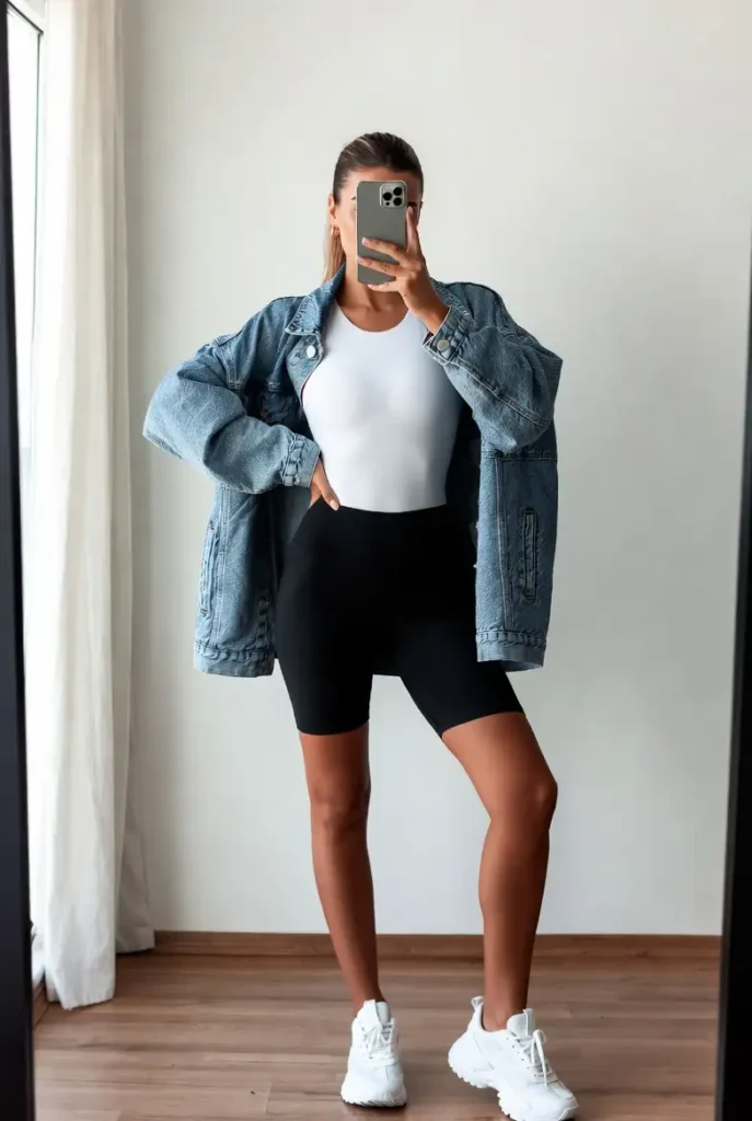 A casual white bodysuit outfit idea with an oversized denim jacket, black biker shorts, and chunky white sneakers.