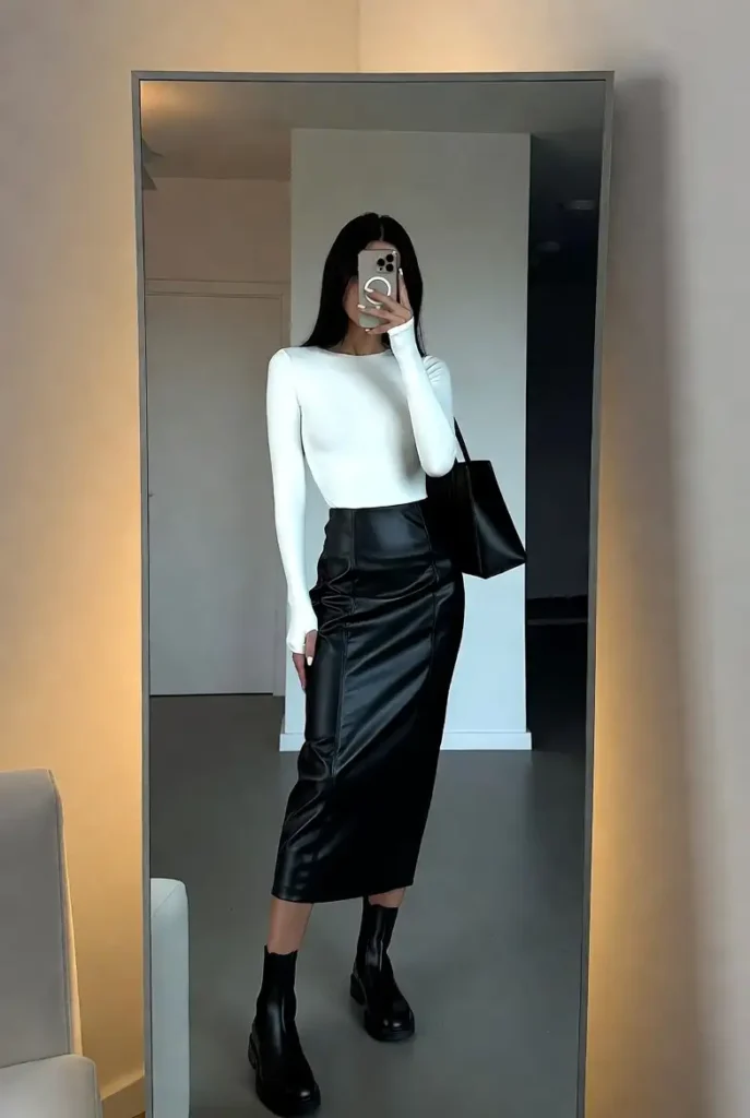 White bodysuit outfit idea paired with a black faux leather midi skirt, tote bag, and chunky ankle boots for an edgy look.