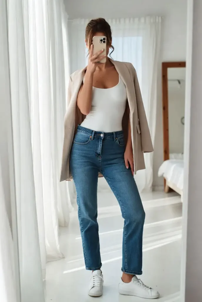 Classic white bodysuit outfit idea with straight-leg blue jeans, a beige blazer, and clean white sneakers for effortless style.
