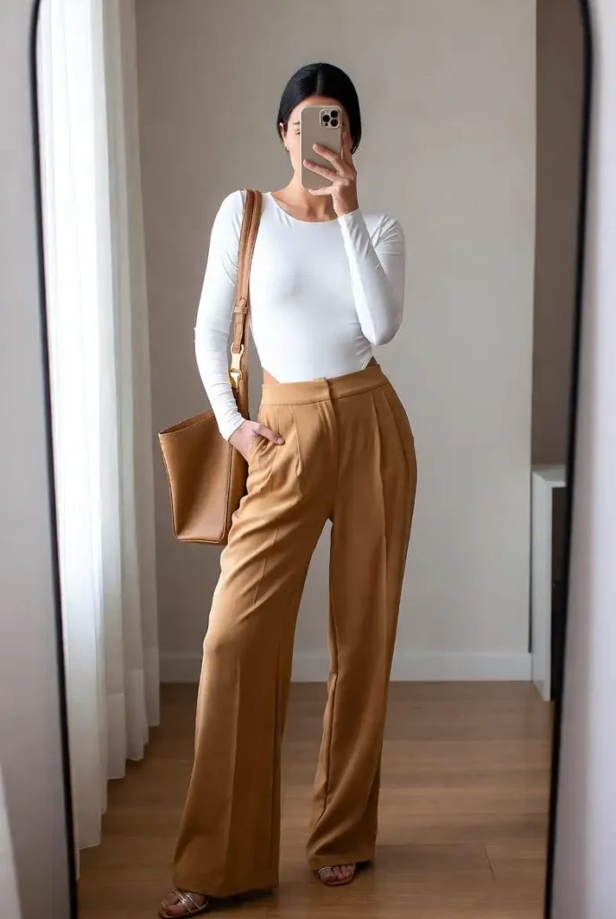 Chic white bodysuit outfit idea styled with high-waist camel wide-leg trousers, a brown tote bag, and strappy sandals.
