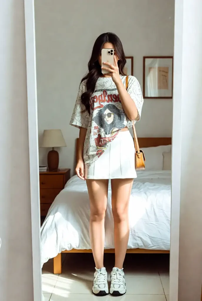
"White short skirt outfit idea with an oversized graphic tee, crossbody bag, and chunky white sneakers"