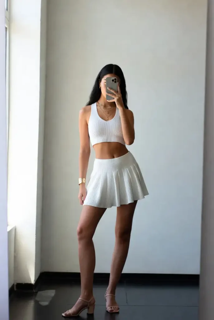 "White short skirt outfit idea styled with a ribbed white crop top, gold jewelry, and strappy heels"

