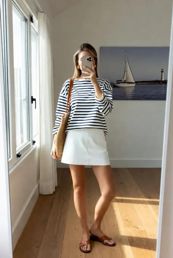 
"White short skirt outfit idea with a navy striped Breton top, woven tote bag, and tan flat sandals"
