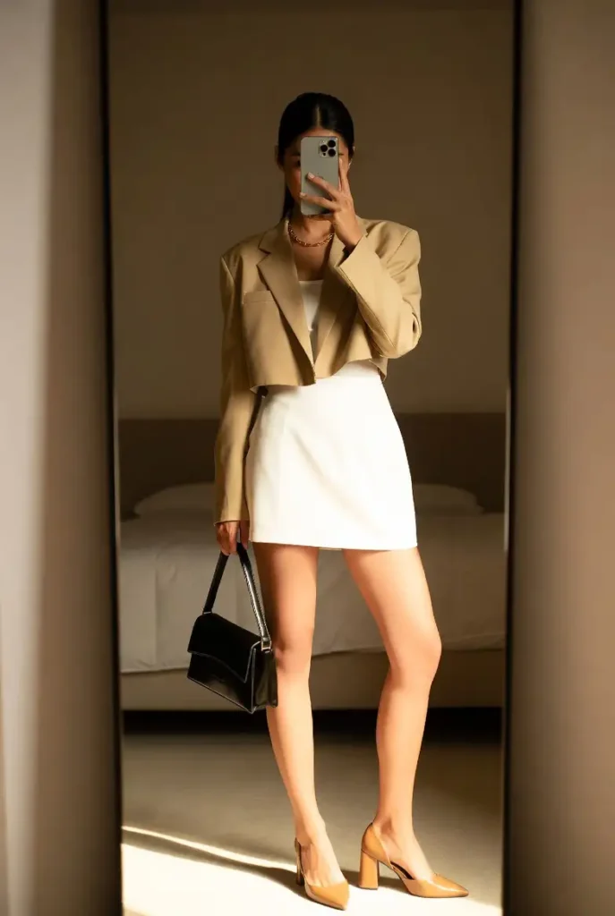 "White short skirt outfit idea with a camel cropped blazer, gold chain necklace, and block heels"