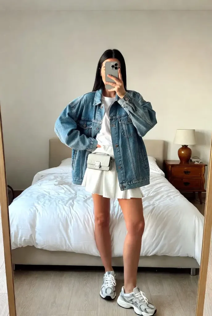 
"White short skirt outfit idea layered with an oversized denim jacket, crossbody bag, and sneakers"
