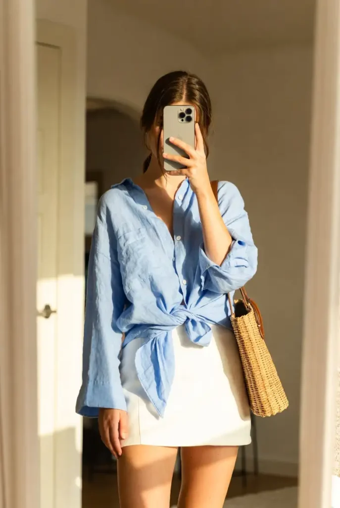 "White short skirt outfit idea with a knotted blue linen shirt, rattan bag, and casual summer vibes"