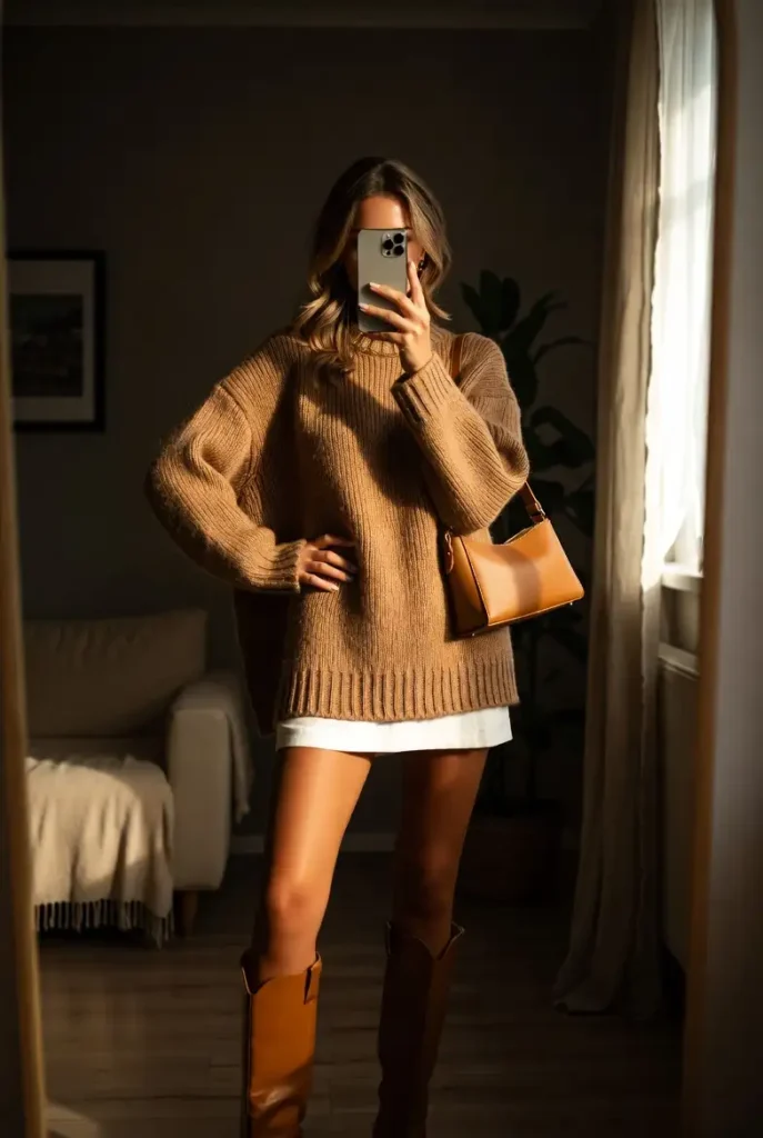"White short skirt outfit idea styled with a chunky camel knit sweater, shoulder bag, and tall boots"