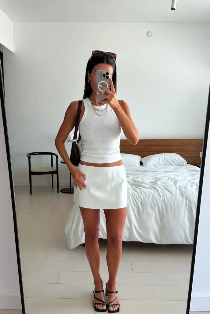 
"White short skirt outfit idea with a fitted ribbed tank top, layered gold chains, and black sandals"