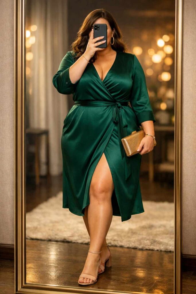Emerald green satin wrap dress and gold clutch — an elegant birthday outfit idea for plus-size women with nude block heels.