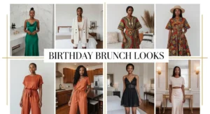 Collage of 10 birthday brunch outfit ideas for Black women in stylish looks from satin dresses to co-ord sets