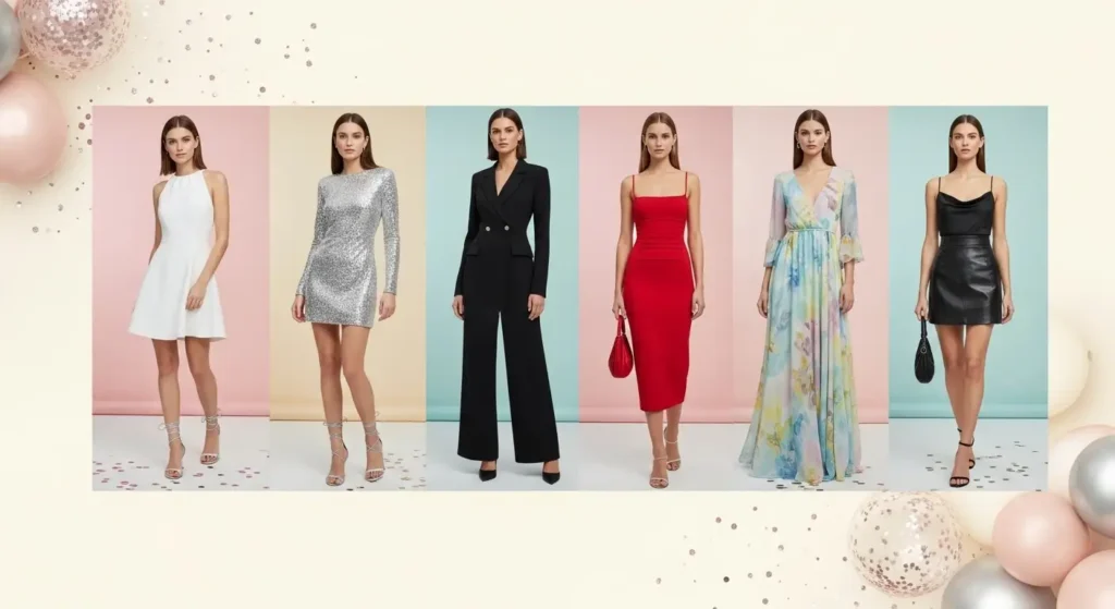 Collage of stylish women modeling various dresses and suits for Birthday Girl Outfit Ideas for Women.