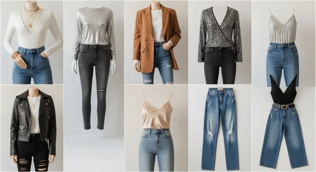 10 birthday photo shoot outfit ideas with jeans including sequin tops, blazers, and leather jackets collage