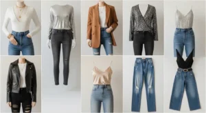 10 birthday photo shoot outfit ideas with jeans including sequin tops, blazers, and leather jackets collage