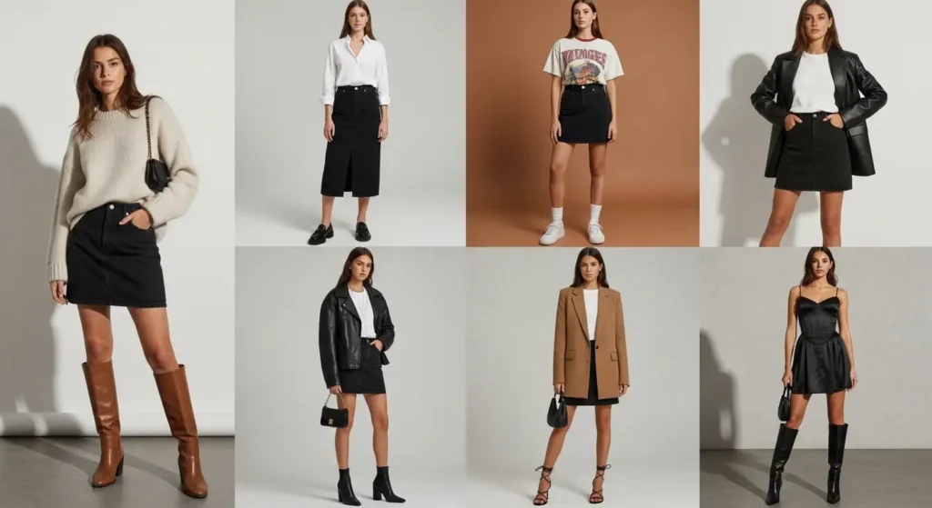 Collage of 10 black denim skirt outfit ideas featuring boots, blazers, leather jackets, and casual tops